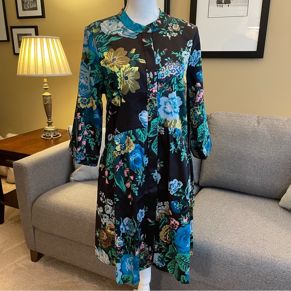 Tuckernuck NWT Blue Green on Black Floral Long Sleeve Dress Size L